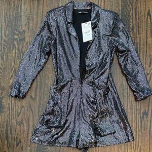 Silver Sequin Blazer Dress with POCKETS
